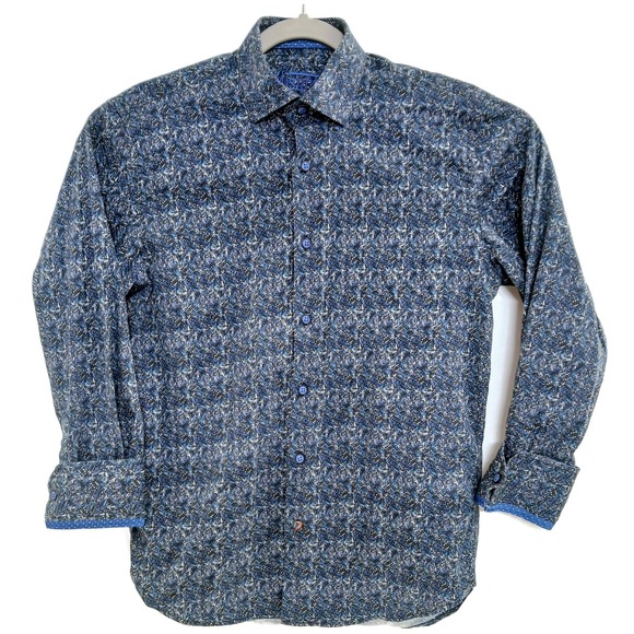 Other - Misura Shirt Mens Small Blue‎ Black Music Notes Print Button Up Cotton Stretch